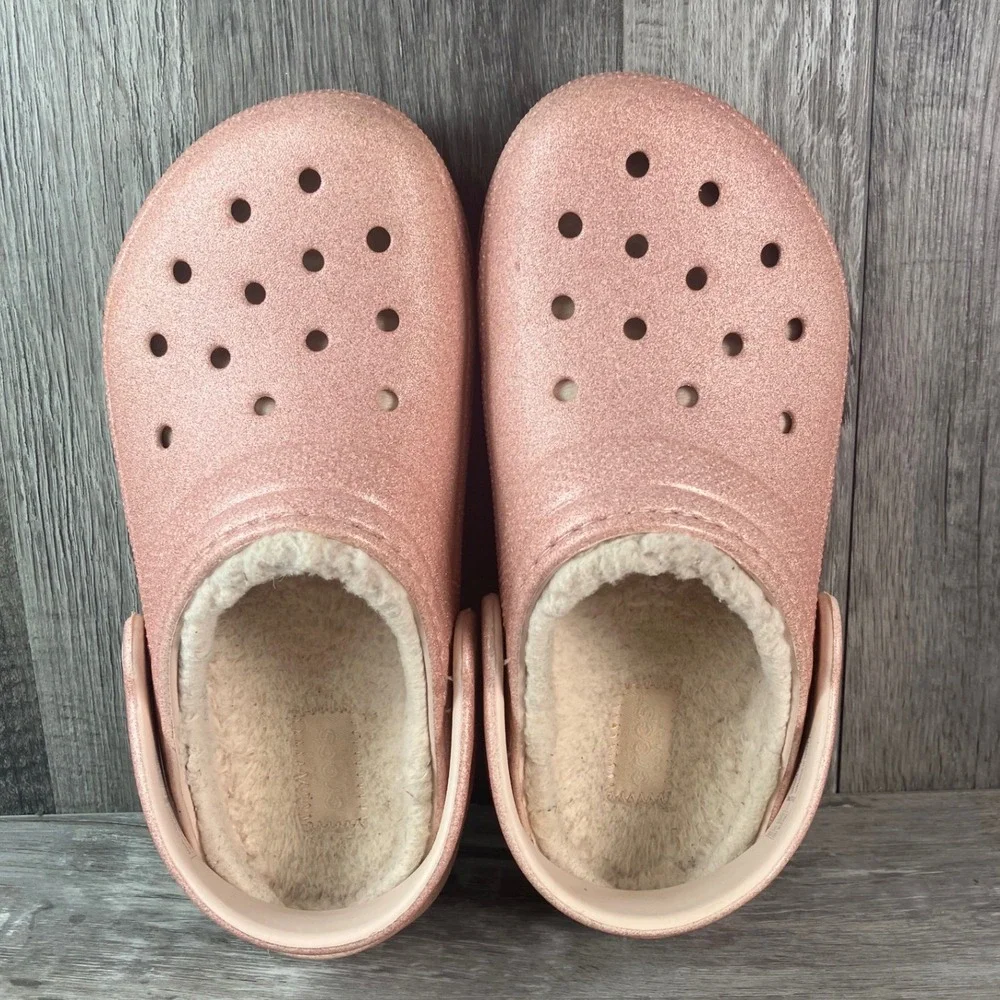 Crocs Classic Lined Clog Rose Gold Glitter Kids J1 Fuzzy Slip On Shoes